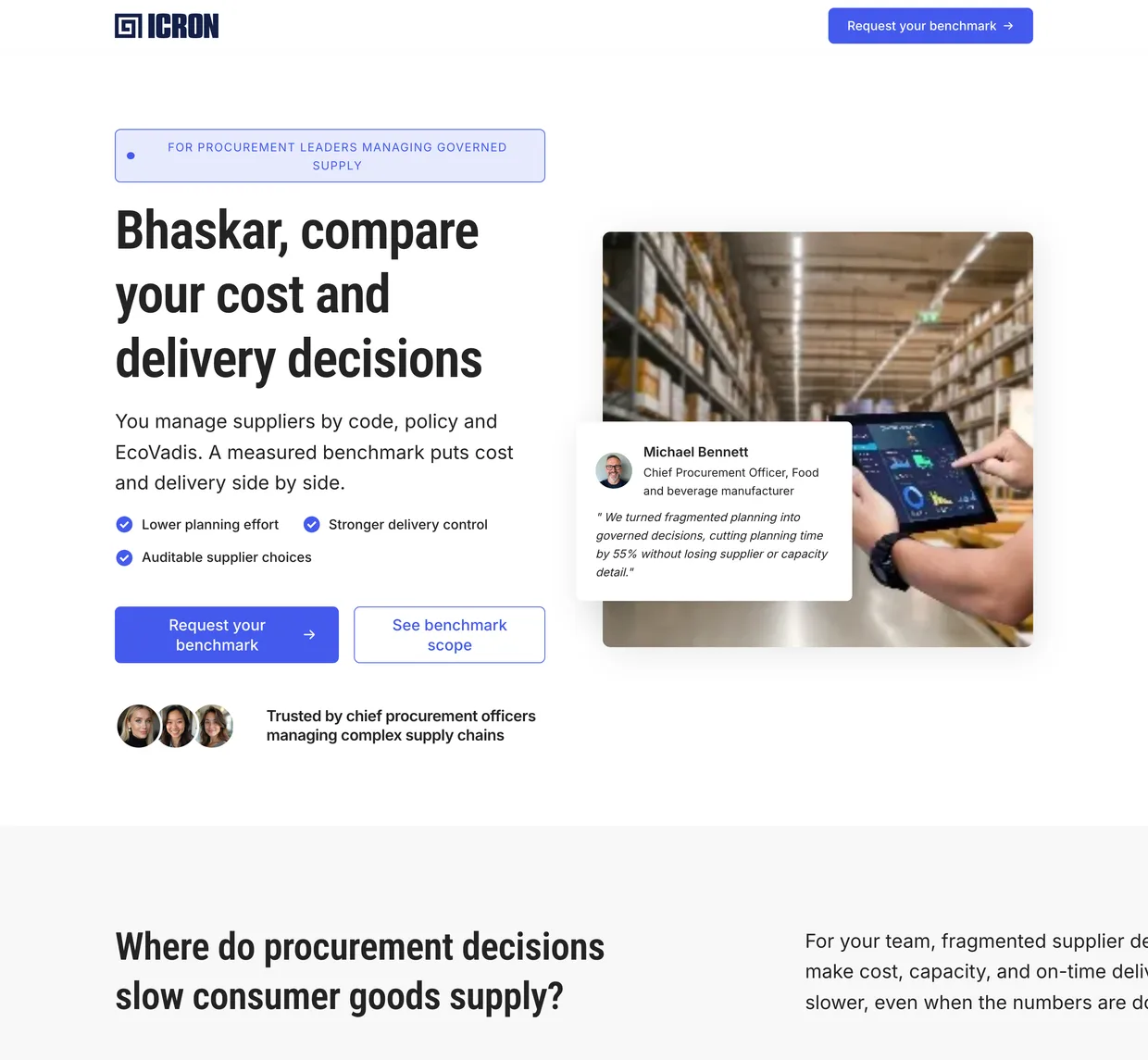 Personalized page for a lead called Bhaskar, headline “Bhaskar, compare your cost and delivery decisions”