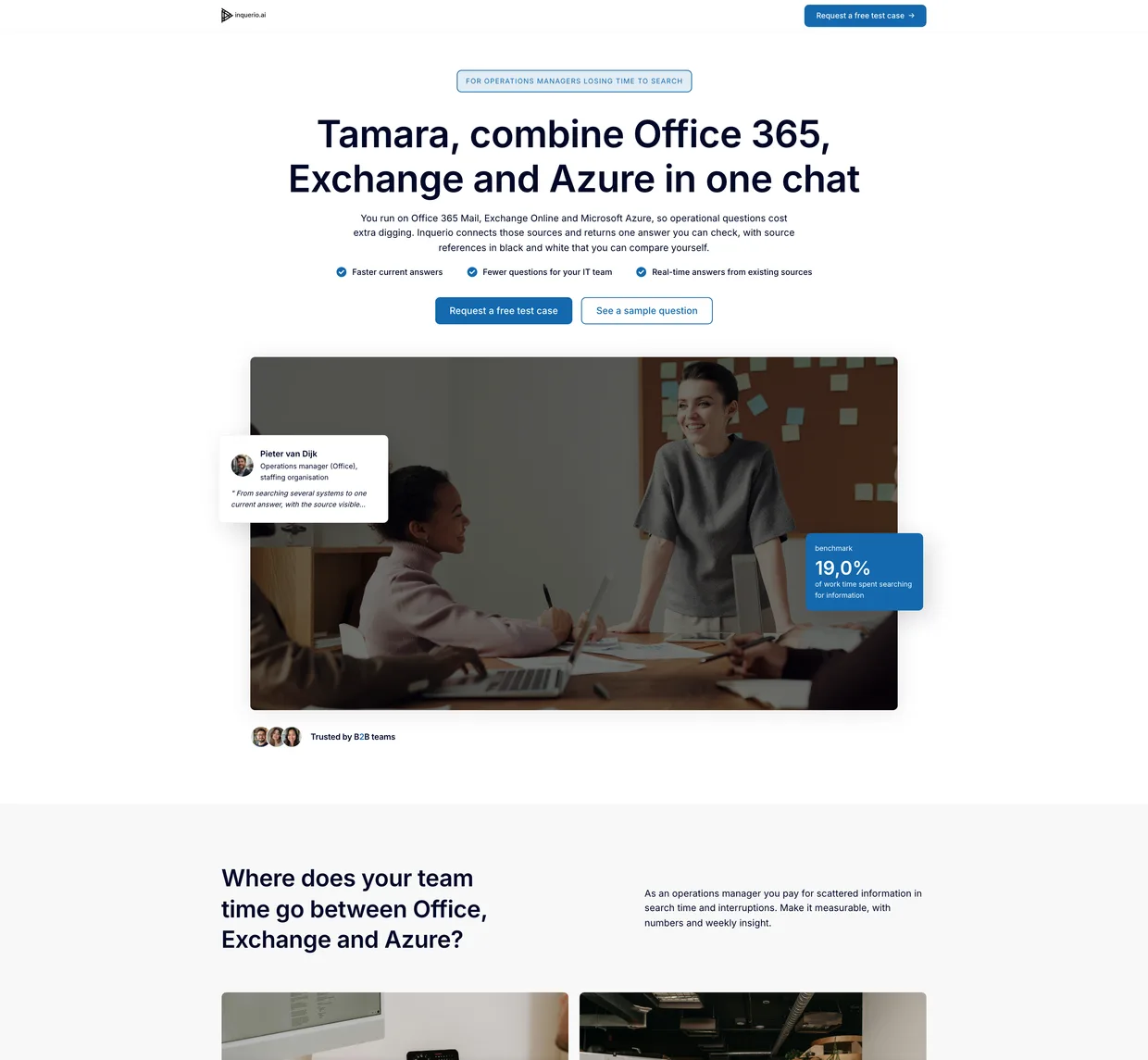 Personalized page for a lead called Tamara, headline “Tamara, combine Office 365, Exchange and Azure in one chat”