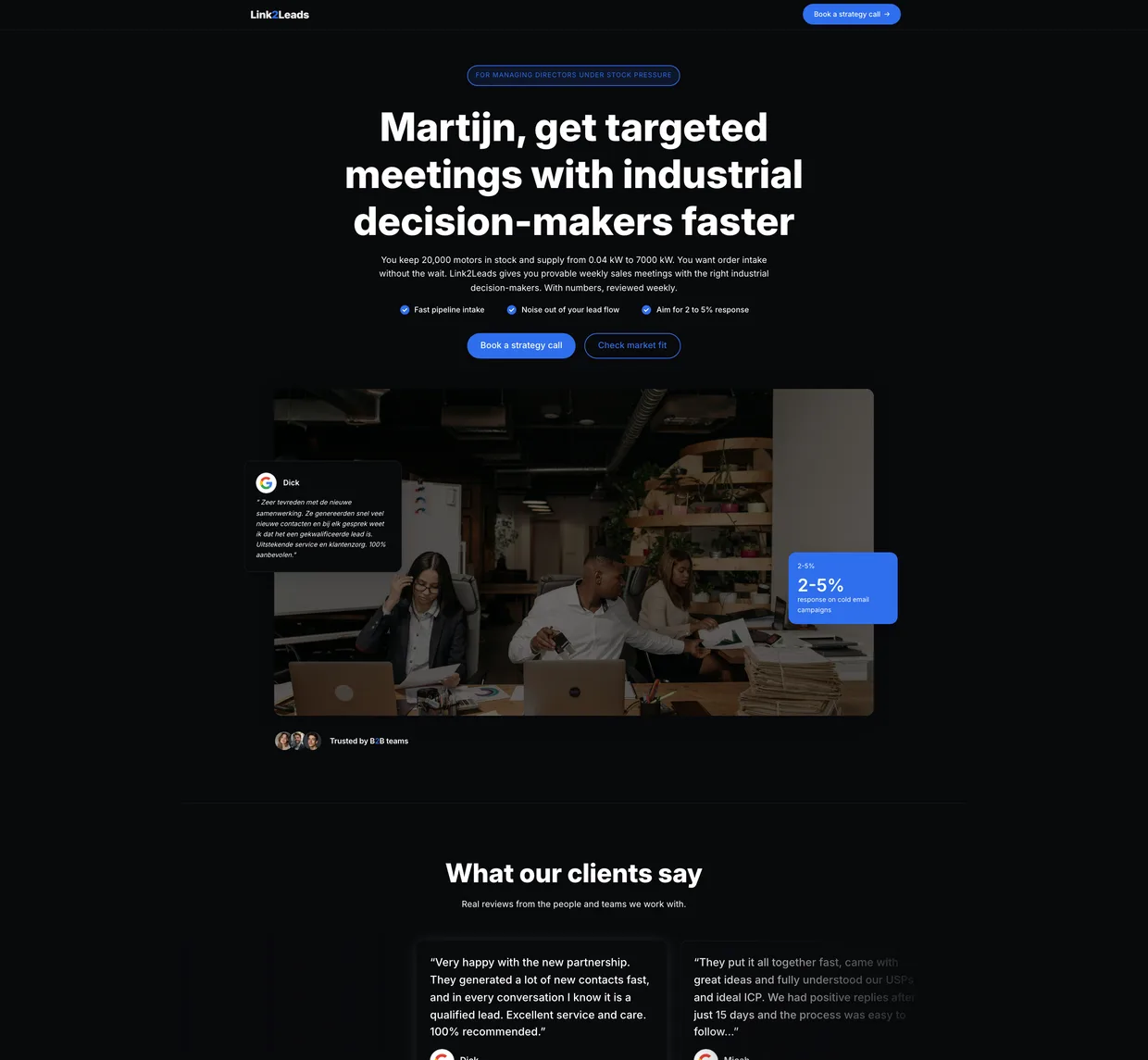 Personalized page for a lead called Martijn, headline “Martijn, get targeted meetings with industrial decision-makers faster”