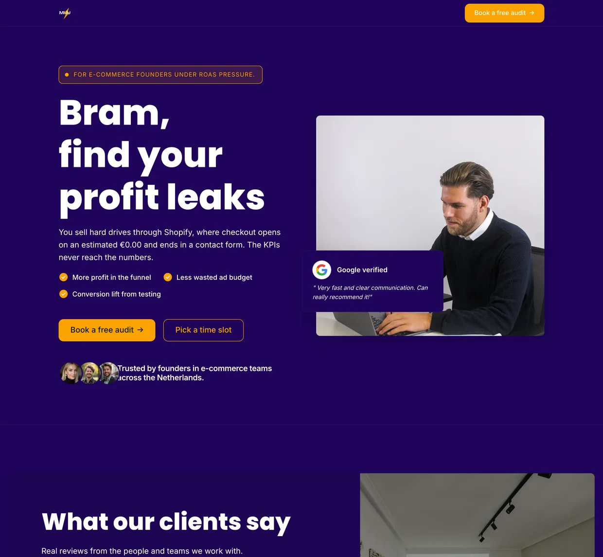 Personalized page for a lead called Bram, headline “Bram, put your profit bottlenecks in black and white in Shopify”