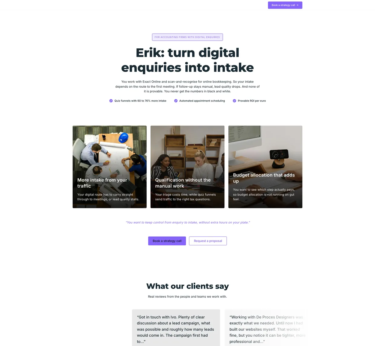 Personalized page for a lead called Erik, headline “Erik: turn digital enquiries into intake”